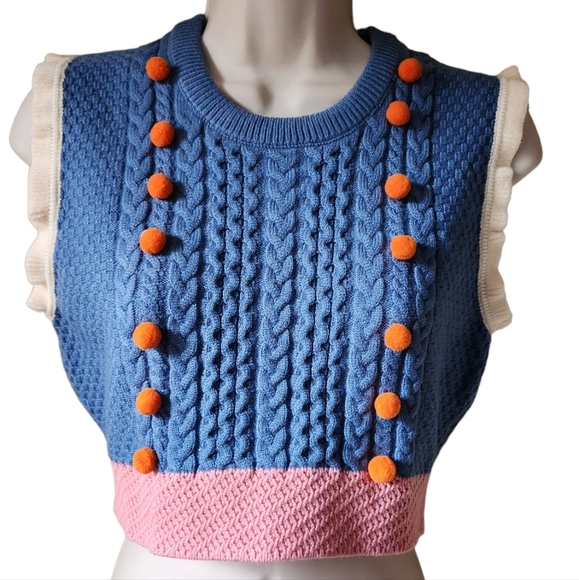 Cider Crop Sweater Vest Ruffle Pom Pom Cable Knit BOHO Blue Pink Orange LG NWT - Picture 5 of 14